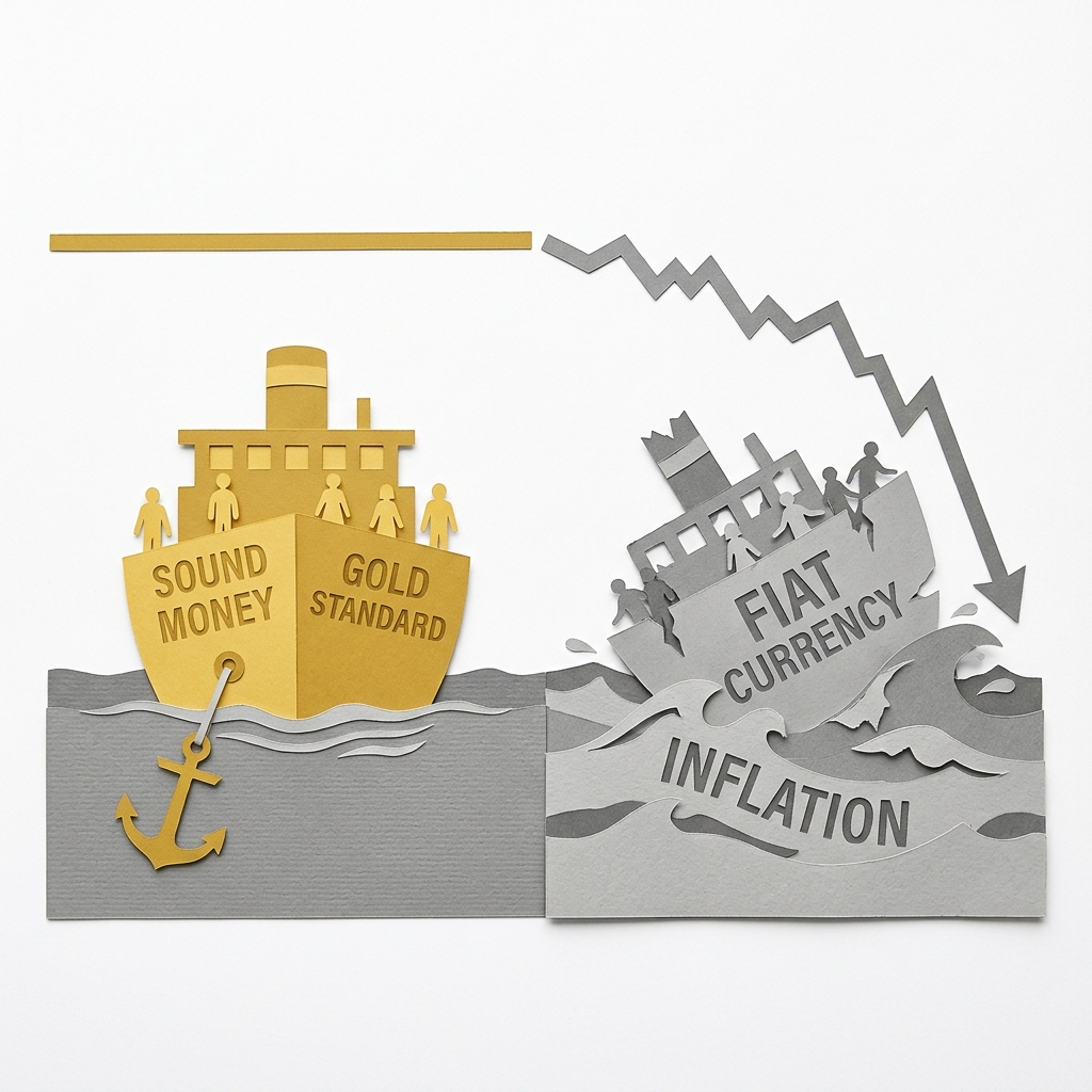 Layered papercut of two contrasting ships on stylized water: a golden yellow ship on the left anchored securely with flat calm water around it labeled sound money and gold standard with its value line shown steady and horizontal, and on the right a grey ship listing and drifting in grey waves of inflation labeled fiat currency with its value line showing a long downward decline, with stable golden passenger figures on the left ship and grey figures clinging to the tilting deck on the right, illustrating the monetary debate between commodity-backed currency systems that prevent discretionary expansion and fiat currency systems managed by central banks that have consistently expanded the money supply and reduced purchasing power over time