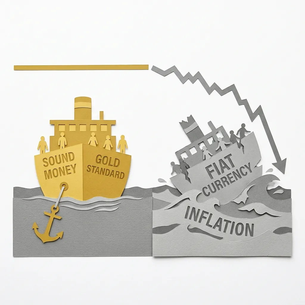 Layered papercut of two contrasting ships on stylized water: a golden yellow ship on the left anchored securely with flat calm water around it labeled sound money and gold standard with its value line shown steady and horizontal, and on the right a grey ship listing and drifting in grey waves of inflation labeled fiat currency with its value line showing a long downward decline, with stable golden passenger figures on the left ship and grey figures clinging to the tilting deck on the right, illustrating the monetary debate between commodity-backed currency systems that prevent discretionary expansion and fiat currency systems managed by central banks that have consistently expanded the money supply and reduced purchasing power over time