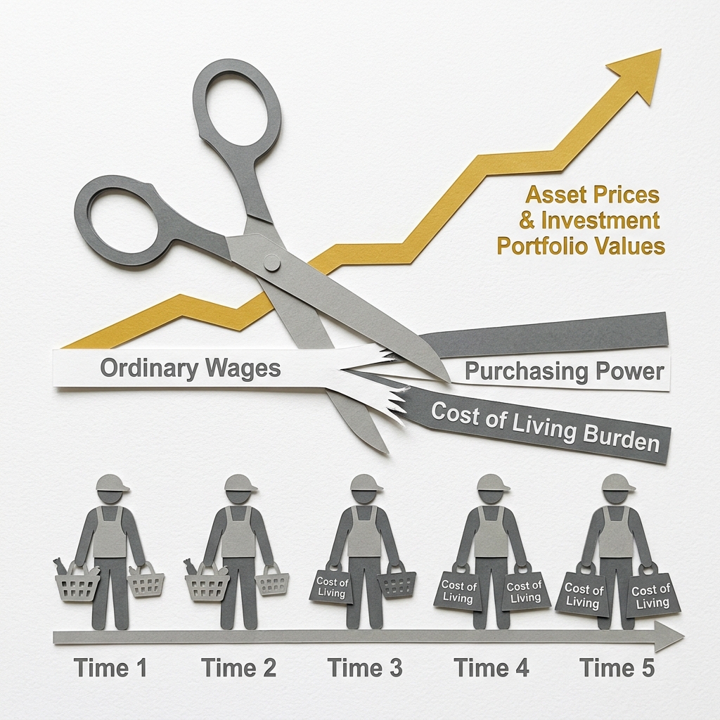 Layered papercut scissors diagram with a golden yellow line labeled asset prices and investment portfolio values rising steeply upward while a grey line labeled ordinary wages rises slowly and is cut by the scissors blades, with grey worker figures below the wages line showing diminishing grocery baskets and growing cost-of-living burdens over time, illustrating how periods of monetary expansion primarily inflate asset values held disproportionately by the wealthy while wage growth lags behind, reducing the real purchasing power of ordinary workers who hold most of their wealth in savings and labor income rather than in stocks and real estate