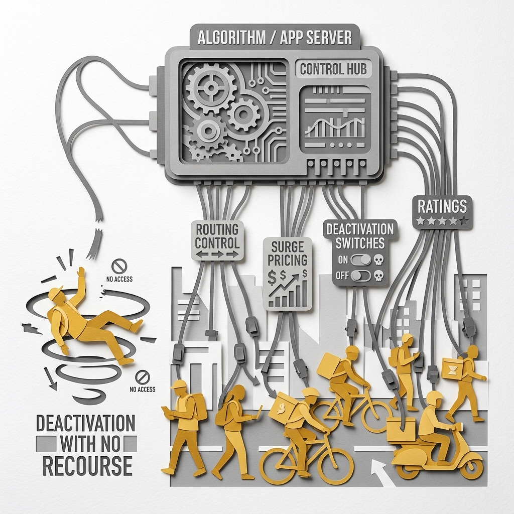 Layered papercut of a large grey algorithm and app server machine at the top from which grey string puppet lines run downward controlling multiple small golden yellow gig worker figures who appear independent but are visibly directed by algorithmic strings controlling their routing, surge pricing, deactivation switches, and ratings, with one worker's strings cut and that figure falling labeled deactivation with no recourse, illustrating how platform companies exercise substantial direction over workers' behavior through algorithmic management that functions similarly to traditional employment supervision but uses technological mediation to maintain the legal classification of workers as independent contractors, avoiding the costs that employment law requires employers to bear