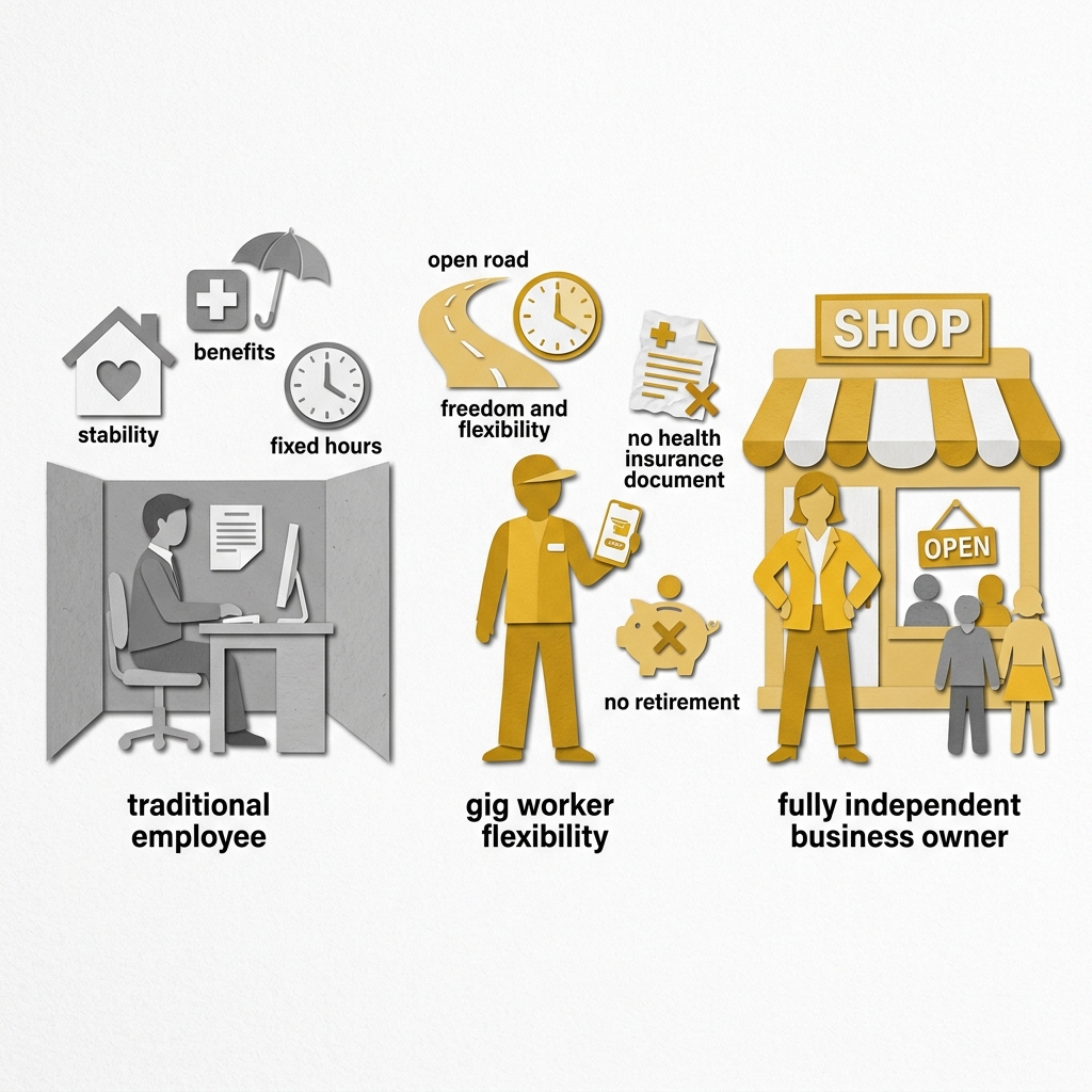 Layered papercut horizontal spectrum from left to right showing a grey traditional employee figure in a cubicle with stability, benefits, and fixed hours icons on the far left, a golden yellow gig worker figure in the middle holding a delivery app phone with freedom, flexibility, and chosen hours icons but also vulnerability icons including no health insurance and no retirement, and a fully independent golden yellow business owner on the far right with their own shop and employees, illustrating the range of work arrangements from fully employed to fully entrepreneurial that existing employment law's binary classification system cannot accommodate, forcing workers into categories that do not reflect the actual diversity of working arrangements in the modern economy