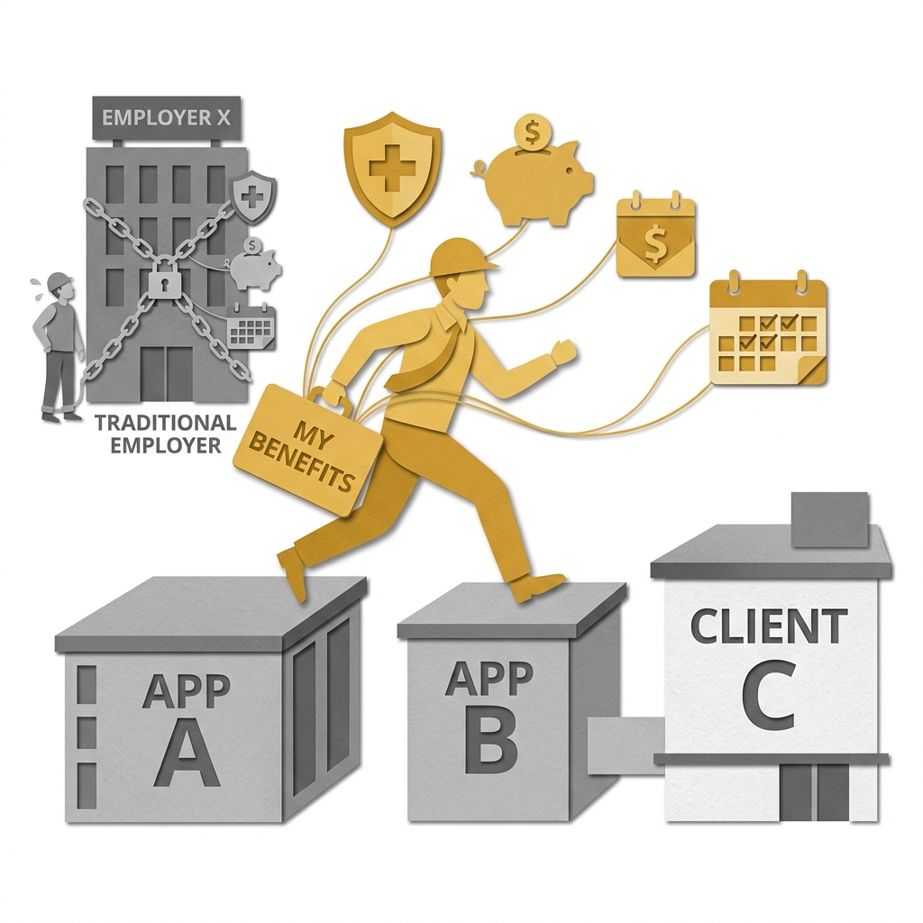 Layered papercut of a golden yellow worker figure in the center running freely while holding a portable golden briefcase labeled my benefits with golden threads attached to benefit icons including a health insurance shield, retirement piggy bank, and paid leave calendar, as the worker moves from one grey platform company building labeled app A to another grey building labeled app B to a third grey building labeled client C without losing any benefit icons that travel with them, contrasted with a grey traditional employment model on the side where benefits are locked to one employer, illustrating how a portable benefits system funded by per-work-unit contributions from all platforms a worker engages with could decouple worker protection from a single employment relationship and allow flexibility and security to coexist