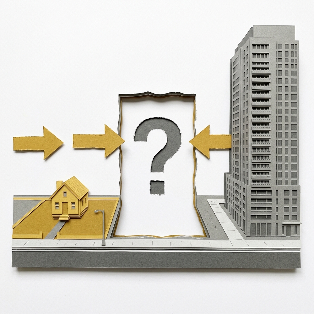 Layered papercut of a city block streetscape showing a small golden house with a large empty lot on the far left, a torn white space with a grey question mark in the center representing the missing middle housing types that zoning bans, and an enormous grey luxury tower on the far right, with golden yellow arrows pointing from both sides toward the empty middle gap, illustrating how American zoning has eliminated the natural middle of the housing density spectrum where affordable housing organically develops, leaving only expensive single-family homes and unaffordable luxury towers