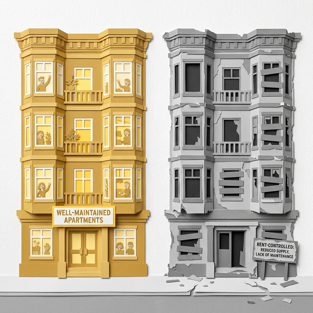 Layered papercut of two identical apartment buildings side by side: on the left a golden yellow well-maintained building with cheerful residents visible in lit windows, and on the right the same building shape in crumbling grey with boarded windows and empty doorways and a sign reading "rent-controlled: reduced supply, lack of maintenance," illustrating the well-documented finding from Diamond, McQuade, and Qian's 2019 American Economic Review study that San Francisco's rent control expansion reduced the city's rental housing supply by 15 percent and pushed citywide rents up by 5.1 percent for those outside controlled units