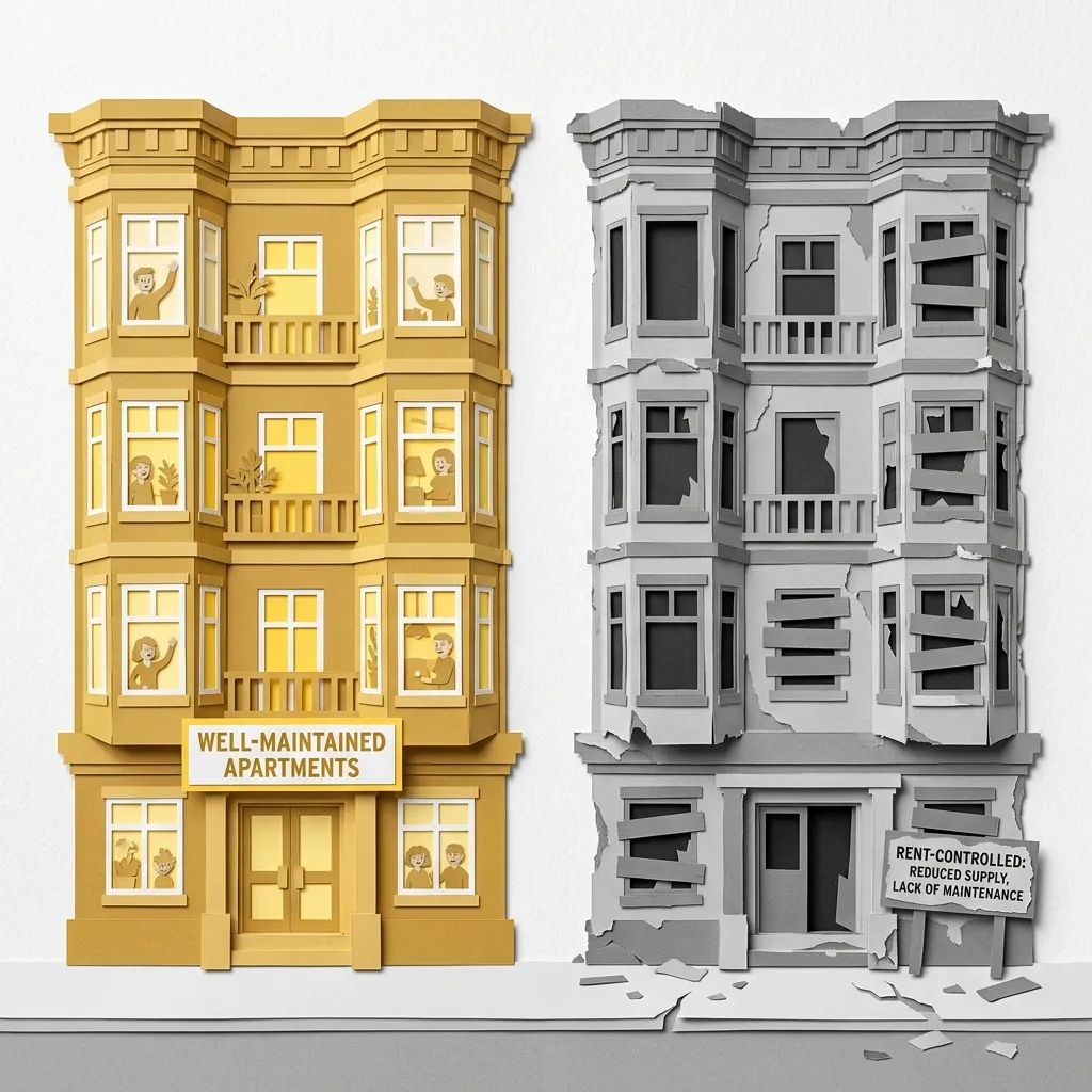 Layered papercut of two identical apartment buildings side by side: on the left a golden yellow well-maintained building with cheerful residents visible in lit windows, and on the right the same building shape in crumbling grey with boarded windows and empty doorways and a sign reading “rent-controlled: reduced supply, lack of maintenance,” illustrating the well-documented finding from Diamond, McQuade, and Qian’s 2019 American Economic Review study that San Francisco’s rent control expansion reduced the city’s rental housing supply by 15 percent and pushed citywide rents up by 5.1 percent for those outside controlled units