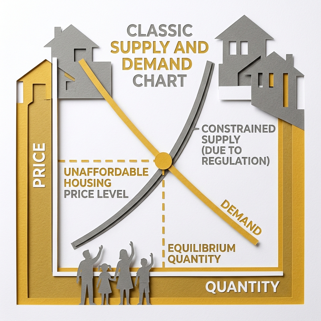 Layered papercut supply and demand chart with a golden yellow demand curve descending from left to right and a near-vertical grey supply curve representing regulatory constraints, with the intersection marked by a golden dot at a very high price level, and small grey family figures below the chart unable to reach the equilibrium price, illustrating how regulatory restriction of housing supply is not a market failure but a policy-created wedge between what housing costs and what it would cost to build in the absence of legal barriers