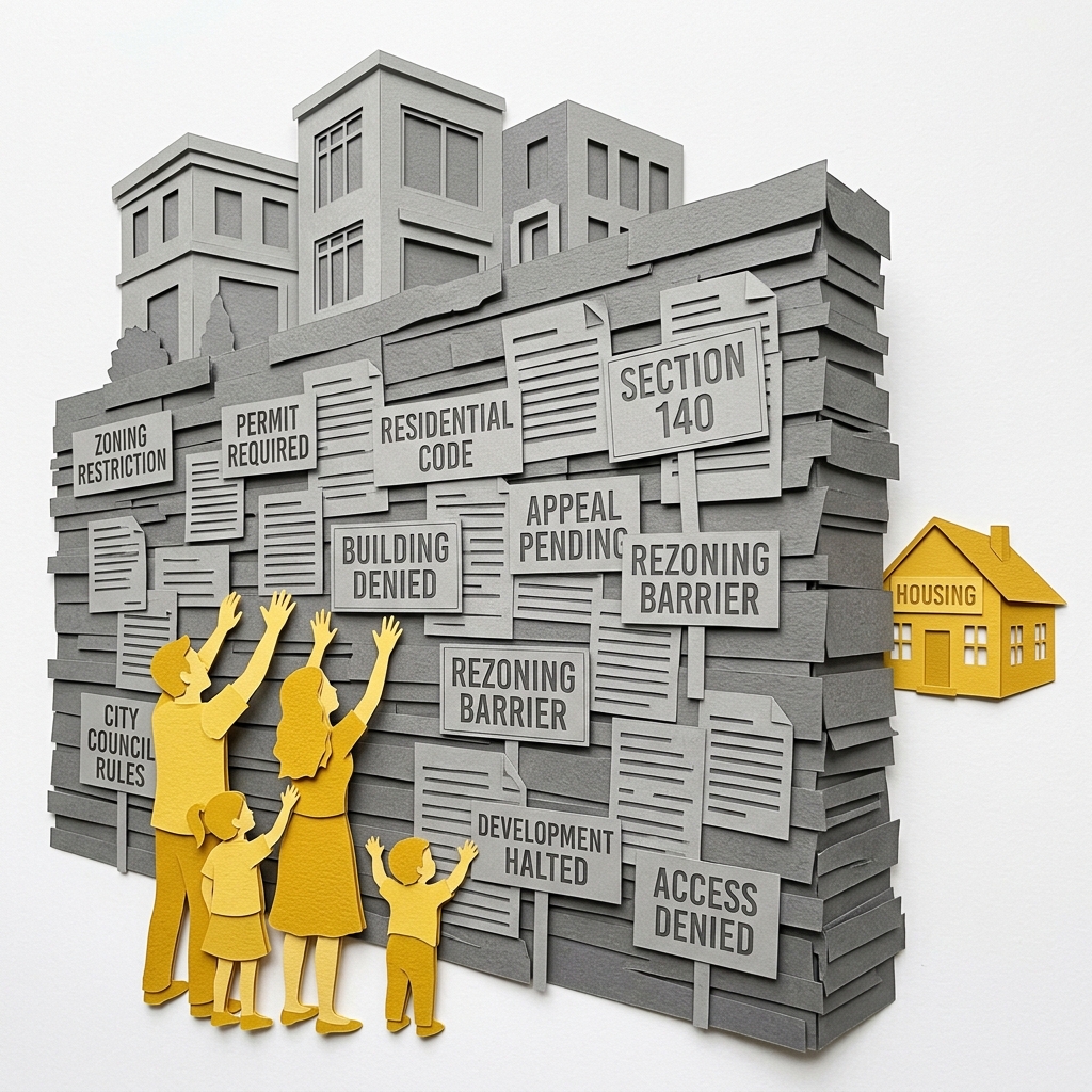 Layered papercut of a grey wall built from stacked layers of zoning restriction signs and permit documents, with golden yellow family figures reaching upward toward a small golden yellow house visible just beyond the wall, while large grey luxury towers loom above the wall on the far side, illustrating how the bureaucratic apparatus of zoning and permitting forms the primary barrier between American families and affordable housing, with the regulatory maze serving established property owners while blocking everyone still trying to find a place to live