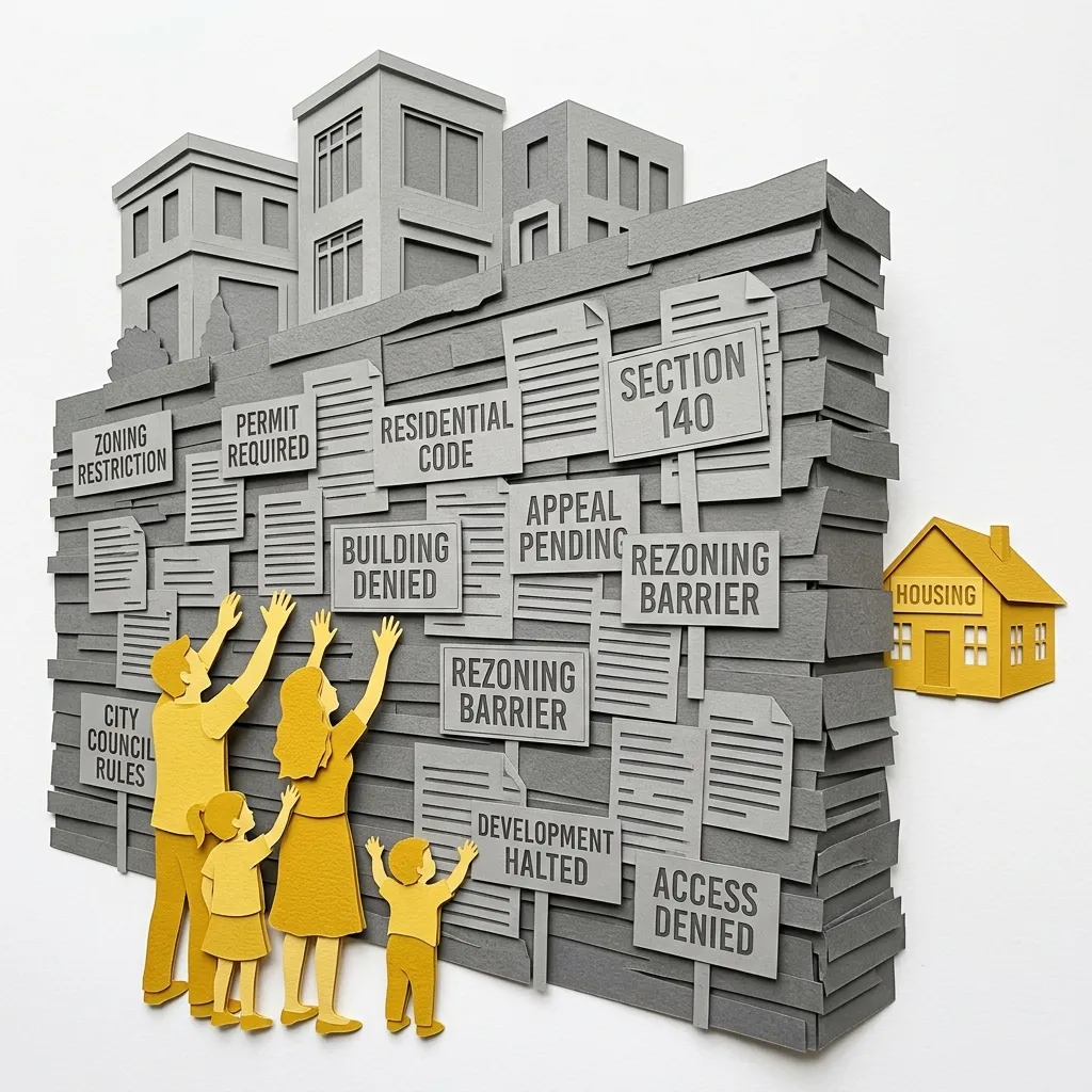 Layered papercut of a grey wall built from stacked layers of zoning restriction signs and permit documents, with golden yellow family figures reaching upward toward a small golden yellow house visible just beyond the wall, while large grey luxury towers loom above the wall on the far side, illustrating how the bureaucratic apparatus of zoning and permitting forms the primary barrier between American families and affordable housing, with the regulatory maze serving established property owners while blocking everyone still trying to find a place to live