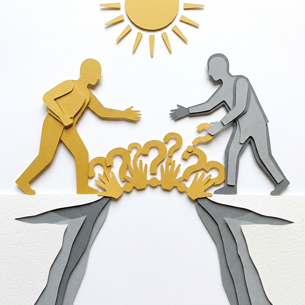 Layered papercut of a golden yellow figure and a grey figure on opposite cliff edges extending hands toward each other across a gap, with a bridge being formed between them from golden yellow question mark shapes and open hand shapes, and a simple golden sun overhead, illustrating how curiosity builds the bridges that fear cannot, replacing the impulse to judge with the impulse to understand, and thereby creating the individualized contact that social psychology identifies as the most reliable mechanism for reducing intergroup fear and prejudice