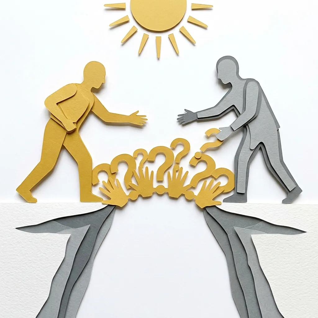 Layered papercut of a golden yellow figure and a grey figure on opposite cliff edges extending hands toward each other across a gap, with a bridge being formed between them from golden yellow question mark shapes and open hand shapes, and a simple golden sun overhead, illustrating how curiosity builds the bridges that fear cannot, replacing the impulse to judge with the impulse to understand, and thereby creating the individualized contact that social psychology identifies as the most reliable mechanism for reducing intergroup fear and prejudice