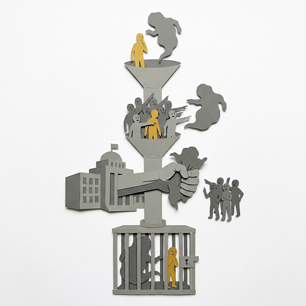 Layered papercut of a vertical funnel structure: at the top a small golden yellow figure looks at an ambiguous grey shadow shape representing individual fear, below that the figure joins an angry grey crowd all pointing at the shadow representing collective resentment, below that a grey government building grasps the shadow representing state compulsion answering political demand, and at the bottom a locked grey cage holds both the shadow and the original frightened golden figure, illustrating how unexamined personal fear travels through collective politics and ends in coercion that harms everyone including those who demanded it