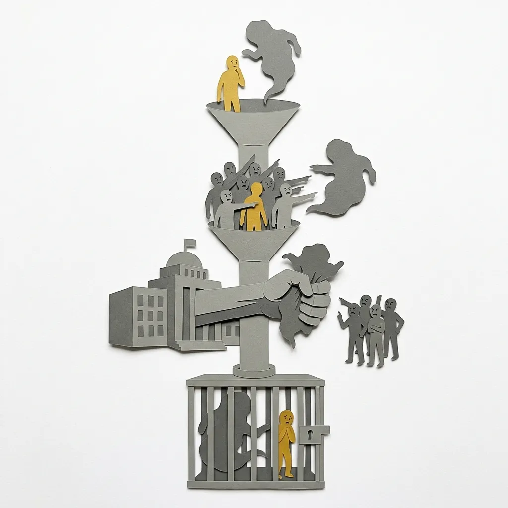Layered papercut of a vertical funnel structure: at the top a small golden yellow figure looks at an ambiguous grey shadow shape representing individual fear, below that the figure joins an angry grey crowd all pointing at the shadow representing collective resentment, below that a grey government building grasps the shadow representing state compulsion answering political demand, and at the bottom a locked grey cage holds both the shadow and the original frightened golden figure, illustrating how unexamined personal fear travels through collective politics and ends in coercion that harms everyone including those who demanded it