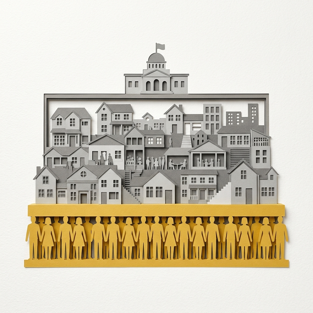 Layered papercut architectural cross-section showing three layers: at the base a wide row of golden yellow individual human figures standing as pillars supporting everything above, in the middle layer a rich array of grey community structures including houses, gathering spaces and civic buildings representing voluntary civil society, and at the top a small restrained grey government building much smaller than the community layer below, illustrating the libertarian vision of proper social architecture: the individual is the load-bearing foundation, civil society is the structure, and the state is a small roof rather than the foundation, and that proper proportion depends entirely on the quality of the individual human layer at the base