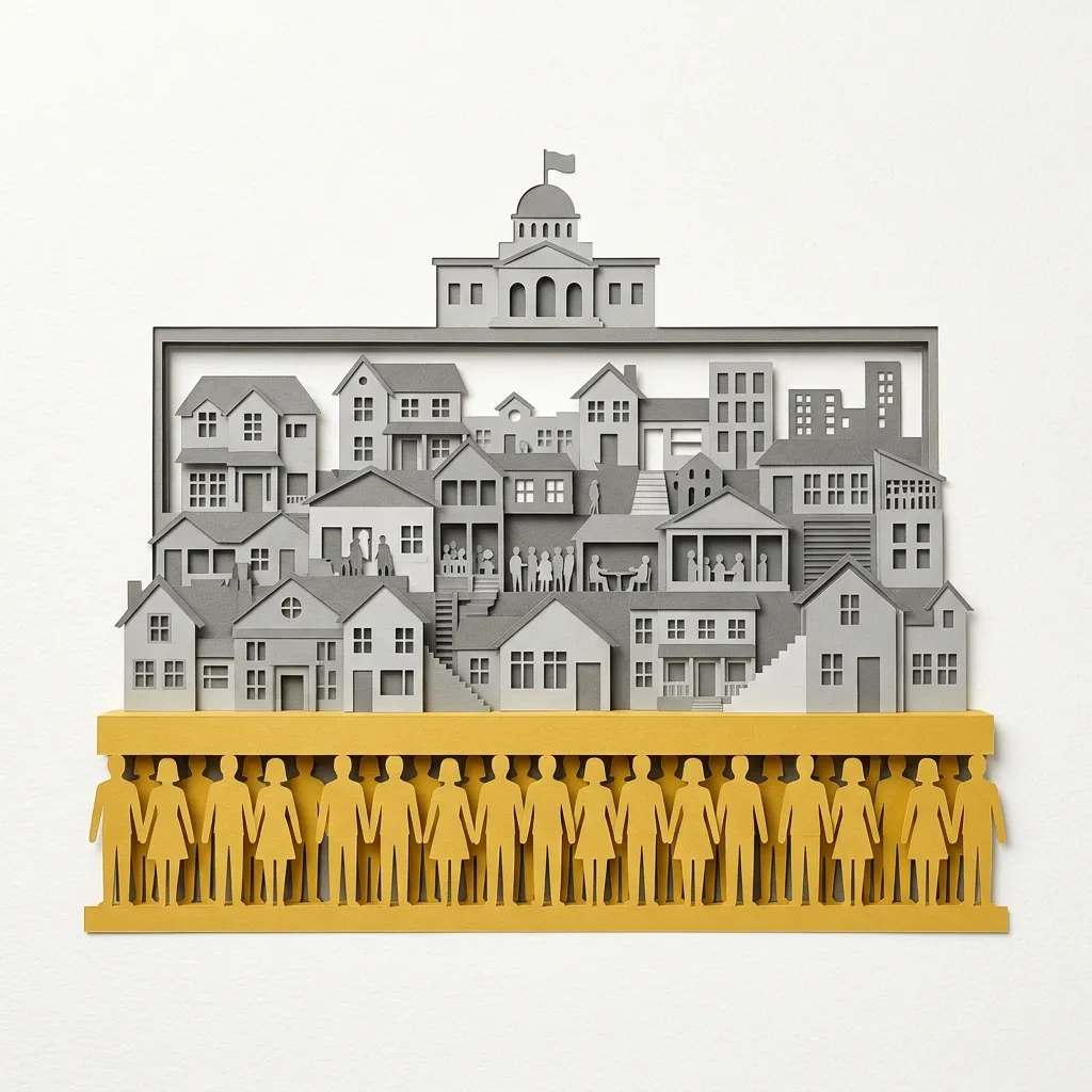 Layered papercut architectural cross-section showing three layers: at the base a wide row of golden yellow individual human figures standing as pillars supporting everything above, in the middle layer a rich array of grey community structures including houses, gathering spaces and civic buildings representing voluntary civil society, and at the top a small restrained grey government building much smaller than the community layer below, illustrating the libertarian vision of proper social architecture: the individual is the load-bearing foundation, civil society is the structure, and the state is a small roof rather than the foundation, and that proper proportion depends entirely on the quality of the individual human layer at the base