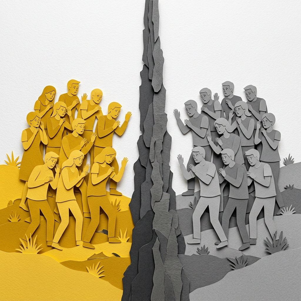 Layered papercut of a jagged grey wall running down the center dividing two equally-sized groups: on the left golden yellow figures huddled defensively facing the wall with arms raised as if shielding themselves, on the right an identical grey group doing exactly the same, both groups perfectly mirroring each other in posture and fear, illustrating the symmetry of intergroup fear documented by social psychologists: both sides believe the other is the threat, both sides have activated the same tribal alarm system, and neither can see that their fear looks identical from the outside