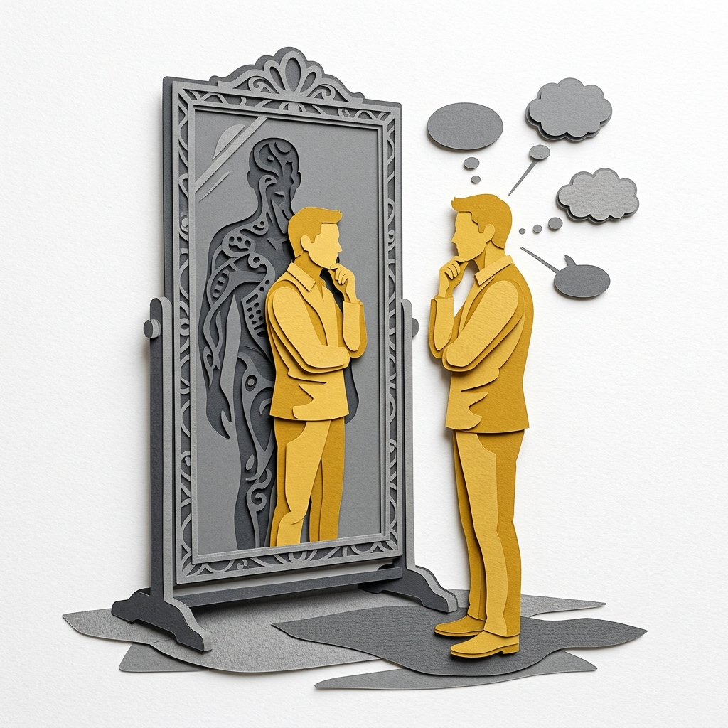Layered papercut of a golden yellow figure standing thoughtfully before a large grey ornate mirror, examining not just its own reflection but a complex grey shadow shape visible behind the golden figure in the mirror surface, with grey thought bubble clouds floating beside the figure's head, illustrating the practice of self-awareness as turning inward to examine one's own reactions, assumptions, and projections rather than treating fear and resentment as objective information about the external world