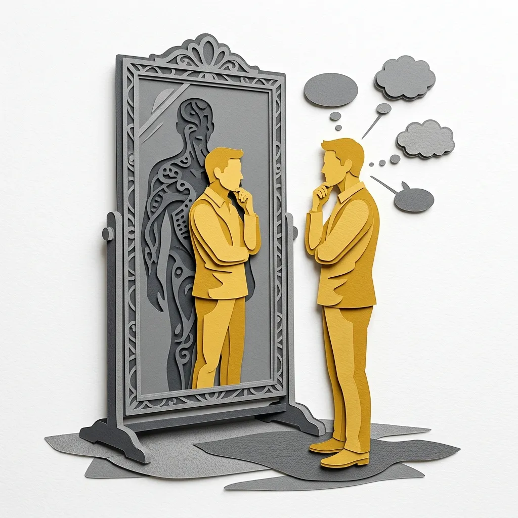 Layered papercut of a golden yellow figure standing thoughtfully before a large grey ornate mirror, examining not just its own reflection but a complex grey shadow shape visible behind the golden figure in the mirror surface, with grey thought bubble clouds floating beside the figure’s head, illustrating the practice of self-awareness as turning inward to examine one’s own reactions, assumptions, and projections rather than treating fear and resentment as objective information about the external world