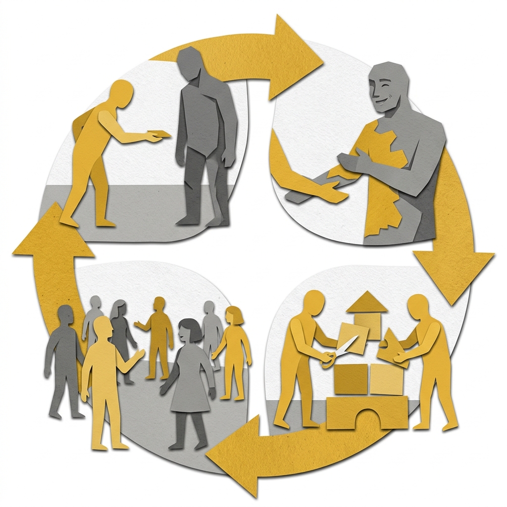 Layered papercut of a circular clockwise cycle in four stages: first stage shows a golden yellow figure extending a hand to a grey figure representing an initial act of generosity, second stage shows the grey figure receiving and beginning to turn golden representing growing trust, third stage shows two golden figures building something together representing cooperative community, fourth stage shows a diverse mixed group of golden and grey figures living openly without barriers representing the reduced demand for coercive state intervention that comes from high trust societies, the cycle completing back to the first stage
