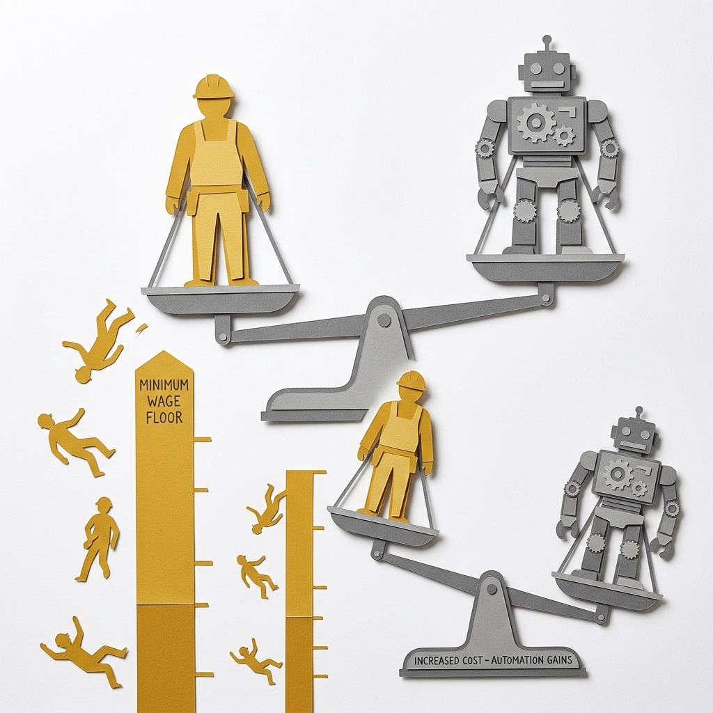 Layered papercut balance scale showing on the left a golden yellow human worker figure while the right side carries a grey robot or automated system figure, with the scale initially tipping toward the human worker side and a golden yellow minimum wage floor bar below it, then in a second image below showing the floor bar rising higher and the scale tipping to favor the grey robot side as worker figures are displaced, illustrating how rapid minimum wage increases above the competitive level accelerate the economic calculation favoring automation over human employment particularly in labor-intensive service industries where the capital cost of automation is a one-time expense versus ongoing labor costs that rise with each minimum wage increase