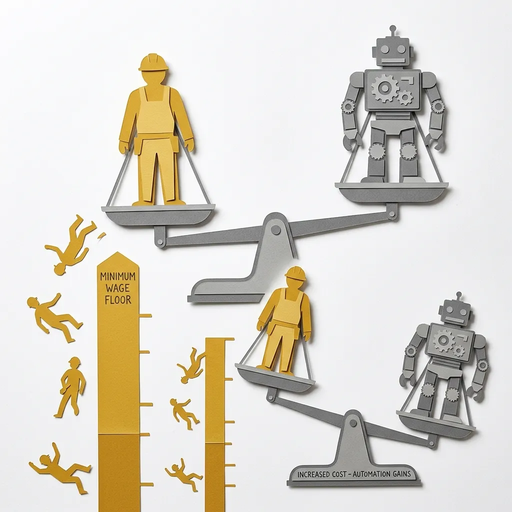 Layered papercut balance scale showing on the left a golden yellow human worker figure while the right side carries a grey robot or automated system figure, with the scale initially tipping toward the human worker side and a golden yellow minimum wage floor bar below it, then in a second image below showing the floor bar rising higher and the scale tipping to favor the grey robot side as worker figures are displaced, illustrating how rapid minimum wage increases above the competitive level accelerate the economic calculation favoring automation over human employment particularly in labor-intensive service industries where the capital cost of automation is a one-time expense versus ongoing labor costs that rise with each minimum wage increase