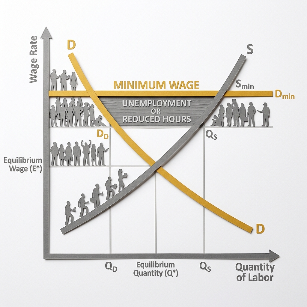 Layered papercut labor market diagram with a golden yellow demand curve sloping downward and a grey supply curve sloping upward, their natural intersection at a moderate wage, with a golden yellow horizontal floor line labeled minimum wage set above the equilibrium, the gap between supply and demand at the floor wage labeled unemployment or reduced hours in grey, and small worker figure silhouettes on the supply side with some workers unable to find employment at the higher floor wage, illustrating the basic competitive labor market prediction that a wage floor above the market clearing rate reduces employment among the lowest-wage workers