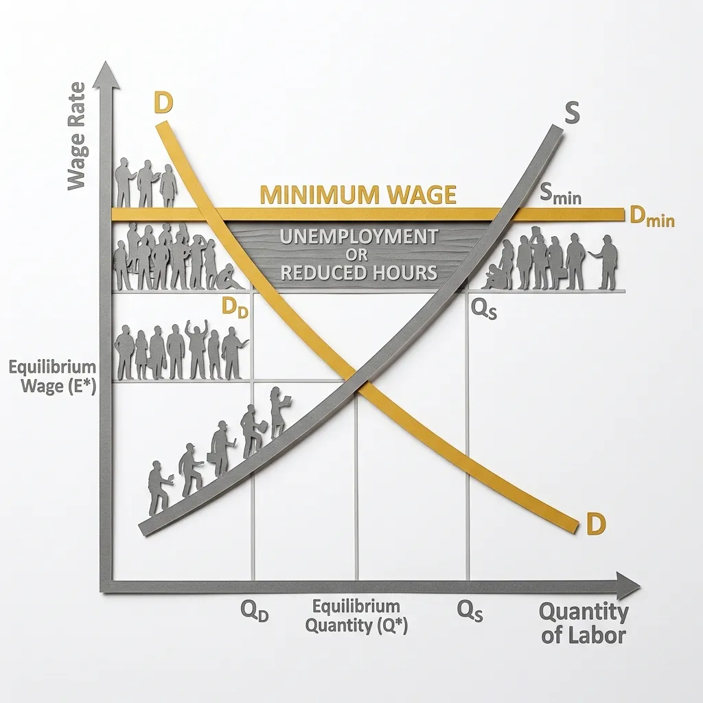 Layered papercut labor market diagram with a golden yellow demand curve sloping downward and a grey supply curve sloping upward, their natural intersection at a moderate wage, with a golden yellow horizontal floor line labeled minimum wage set above the equilibrium, the gap between supply and demand at the floor wage labeled unemployment or reduced hours in grey, and small worker figure silhouettes on the supply side with some workers unable to find employment at the higher floor wage, illustrating the basic competitive labor market prediction that a wage floor above the market clearing rate reduces employment among the lowest-wage workers