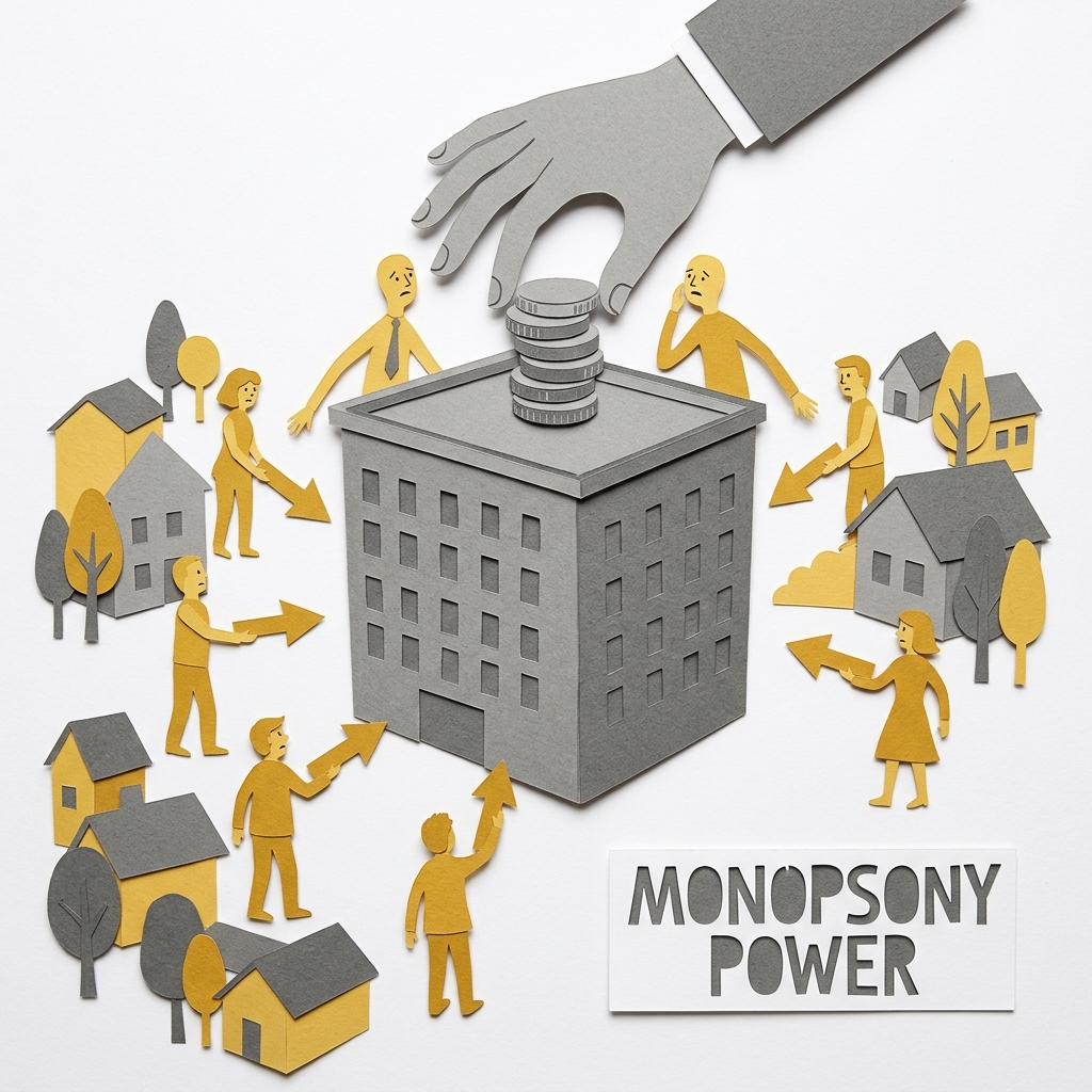 Layered papercut of a single large grey employer building in the center of a small town with multiple golden yellow worker figures surrounding it with arrows pointing toward the employer, representing a labor market with only one major employer so workers have no alternative options, and a large grey hand holding down a small stack of grey coins on top of the employer building while the surrounding worker figures look stretched and underpaid, illustrating how monopsony power allows dominant employers to suppress wages below the competitive market level, which is the economic condition under which a wage floor can raise wages without reducing employment