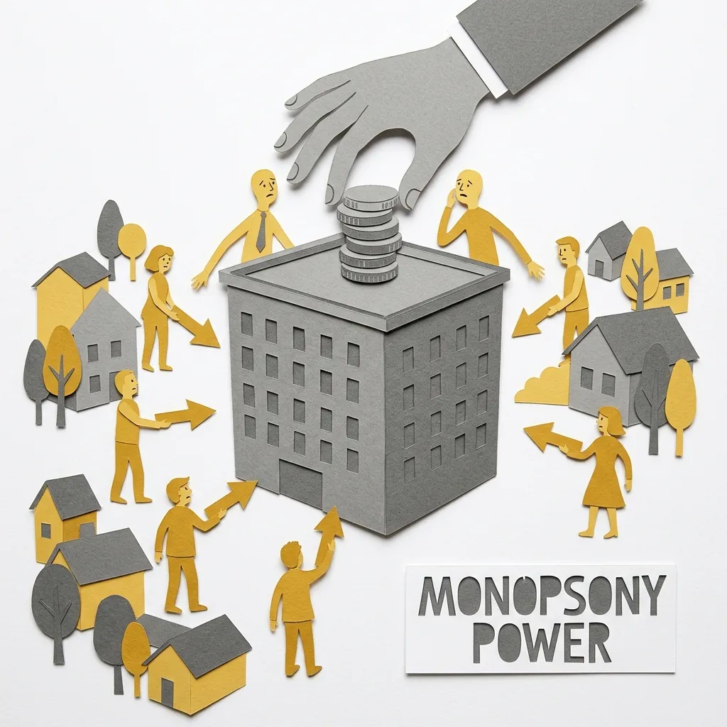 Layered papercut of a single large grey employer building in the center of a small town with multiple golden yellow worker figures surrounding it with arrows pointing toward the employer, representing a labor market with only one major employer so workers have no alternative options, and a large grey hand holding down a small stack of grey coins on top of the employer building while the surrounding worker figures look stretched and underpaid, illustrating how monopsony power allows dominant employers to suppress wages below the competitive market level, which is the economic condition under which a wage floor can raise wages without reducing employment