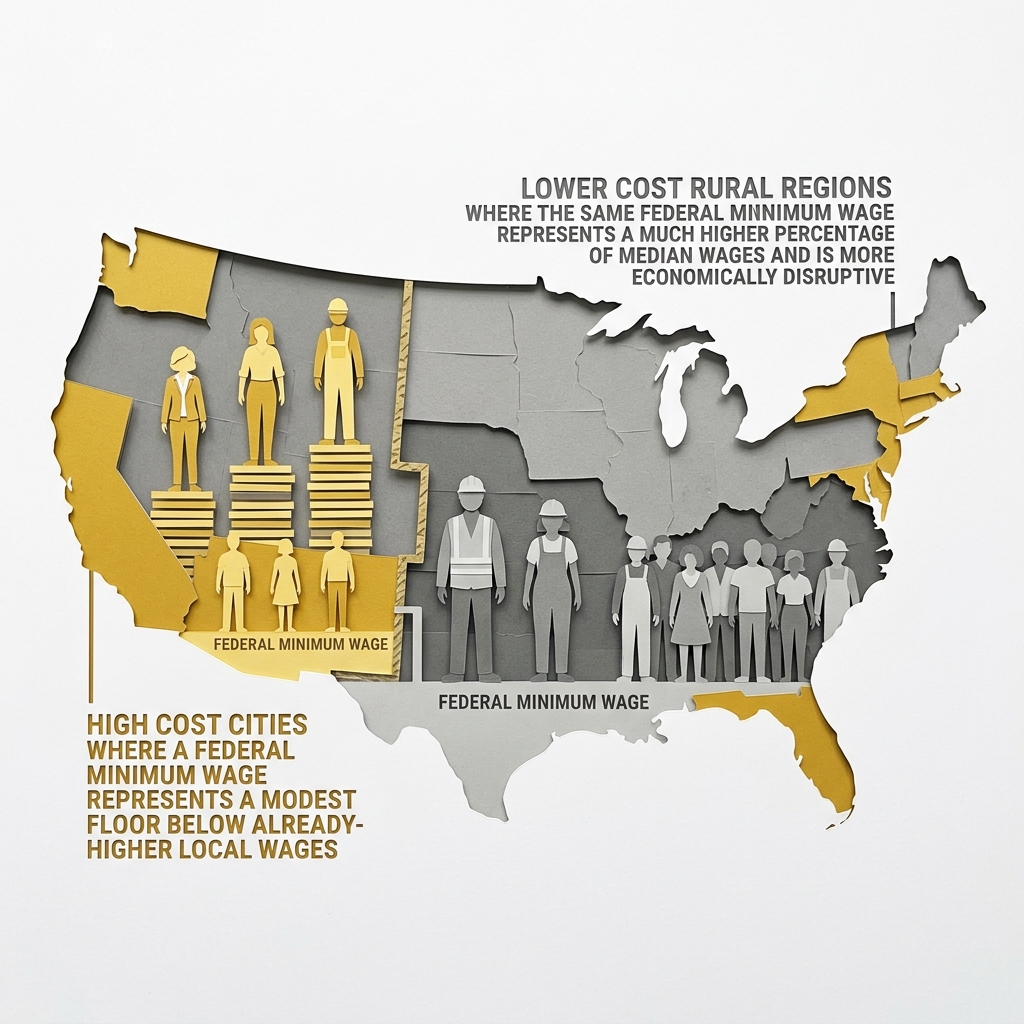 Layered papercut US map divided into two zones with golden yellow coastal areas labeled high cost cities where a federal minimum wage represents a modest floor well below already-higher local market wages, and grey interior regions labeled lower cost rural areas where the same federal minimum wage represents a much higher fraction of median wages and is more likely to produce employment disruption, with worker figure silhouettes at different wage stack heights in each zone, illustrating why a single national minimum wage cannot be appropriate for labor markets as different as Manhattan and rural Alabama
