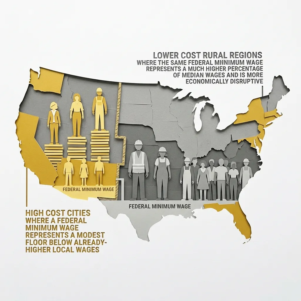Layered papercut US map divided into two zones with golden yellow coastal areas labeled high cost cities where a federal minimum wage represents a modest floor well below already-higher local market wages, and grey interior regions labeled lower cost rural areas where the same federal minimum wage represents a much higher fraction of median wages and is more likely to produce employment disruption, with worker figure silhouettes at different wage stack heights in each zone, illustrating why a single national minimum wage cannot be appropriate for labor markets as different as Manhattan and rural Alabama