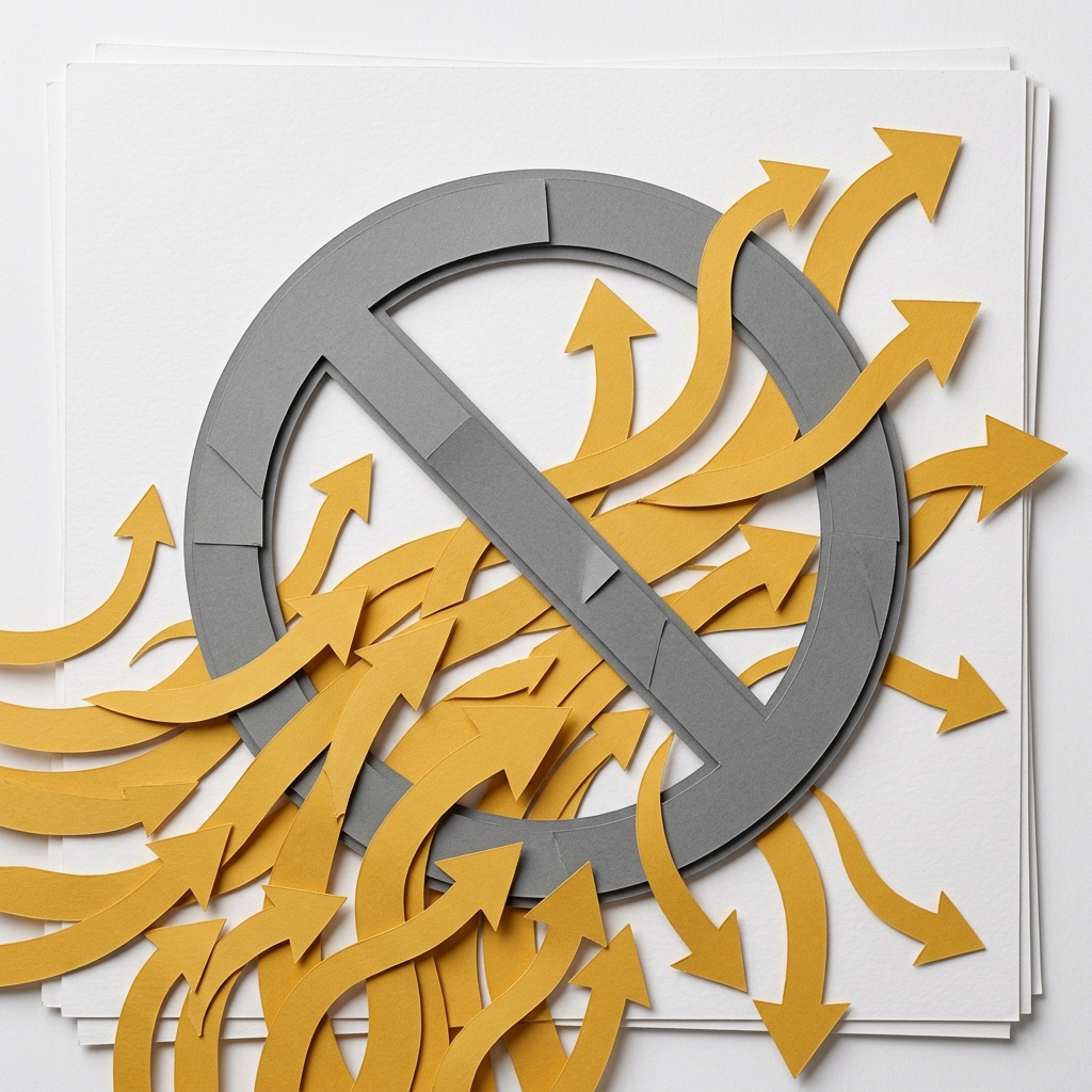 Layered papercut of a large grey prohibition symbol with dozens of golden yellow arrows curving and flowing around and underneath it in all directions, illustrating that demand finds pathways around prohibition rather than disappearing