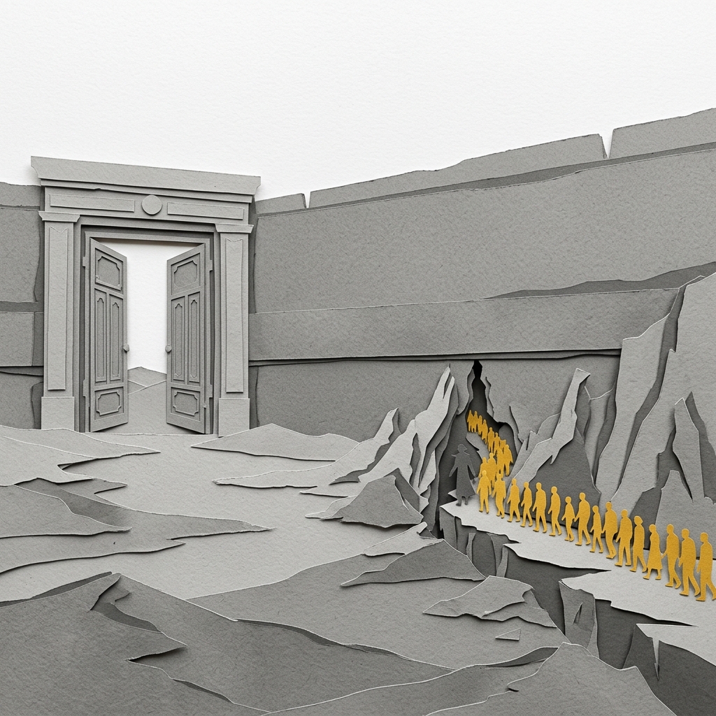 Layered papercut of a grey desert landscape with a closed official gate on the left and a dangerous narrow rocky gap on the right through which golden yellow human figures file in a long line, illustrating how border restriction redirects migration to more dangerous routes rather than stopping it