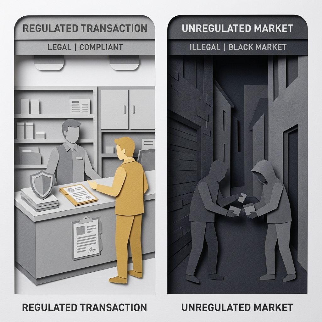 Layered papercut of two side-by-side scenes: on the left a bright grey shop counter with documentation and a golden yellow customer in a legal regulated transaction, on the right a dark grey alley with shadowy grey figures exchanging items with no oversight, illustrating how firearms restrictions burden lawful buyers without disrupting criminal supply chains