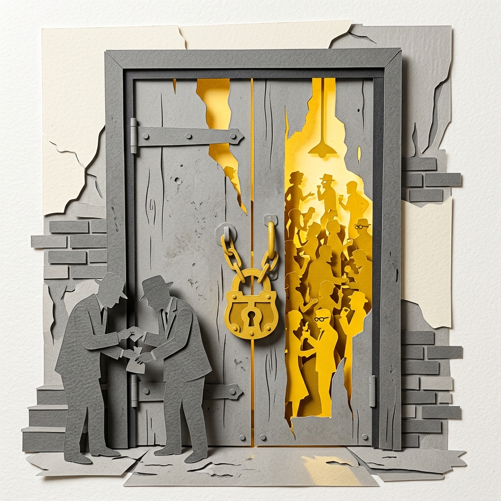 Layered papercut of a grey locked door with a padlock, behind which golden yellow light and silhouetted figures gather in a speakeasy, while grey-suited figures conduct a transaction in shadow outside, illustrating how prohibition creates underground markets that operate in the dark