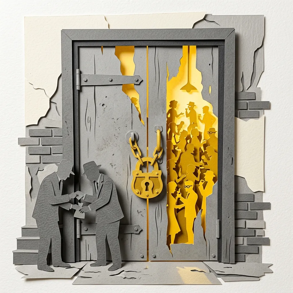 Layered papercut of a grey locked door with a padlock, behind which golden yellow light and silhouetted figures gather in a speakeasy, while grey-suited figures conduct a transaction in shadow outside, illustrating how prohibition creates underground markets that operate in the dark