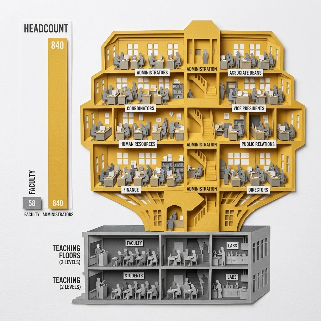 Layered papercut cross-section of a university building showing small grey teaching classrooms with student and professor figures at the bottom, while the upper floors balloon outward into an enormous golden yellow administrative wing packed with rows of grey office figures labeled as administrators, associate deans, coordinators, and vice presidents, with a bar chart to the side showing faculty headcount as a tiny grey bar and administrator headcount as a towering golden yellow bar, illustrating the documented trend by which American university administrative staffing grew at four times the rate of student enrollment between 1975 and 2005 while instructional quality and faculty numbers did not keep pace
