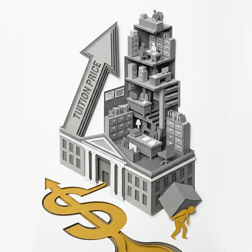 Layered papercut of a golden yellow federal loan dollar sign flowing upward into the base of a university building, where inside the grey administrative floors above multiply and expand with rows of office figures while a golden student figure at the building’s base becomes smaller and more burdened under the weight of grey debt, and a tuition price arrow points steeply upward along the side of the building, illustrating the Bennett Hypothesis mechanism by which federal loan availability enables tuition increases that flow primarily to administrative and institutional overhead rather than to improved educational quality