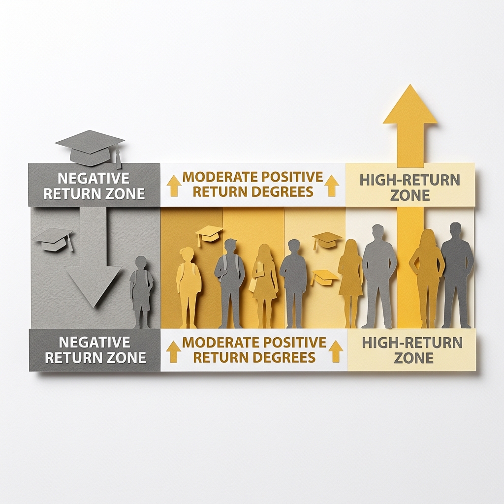 Layered papercut of a horizontal spectrum bar showing three zones: on the far left a grey zone with a downward arrow and falling graduation cap figures representing negative-return credentials where debt exceeds lifetime earnings premium, in the middle a golden yellow zone with a moderate upward arrow representing degrees with positive but modest returns, and on the far right a bright golden high-return zone with a tall upward arrow and successful professional figures representing high-earning STEM and professional degrees, illustrating that the return on investment from higher education varies enormously by field and institution and that the federal loan program's failure to make these distinctions funds negative-return credentials at the same rate as high-return ones