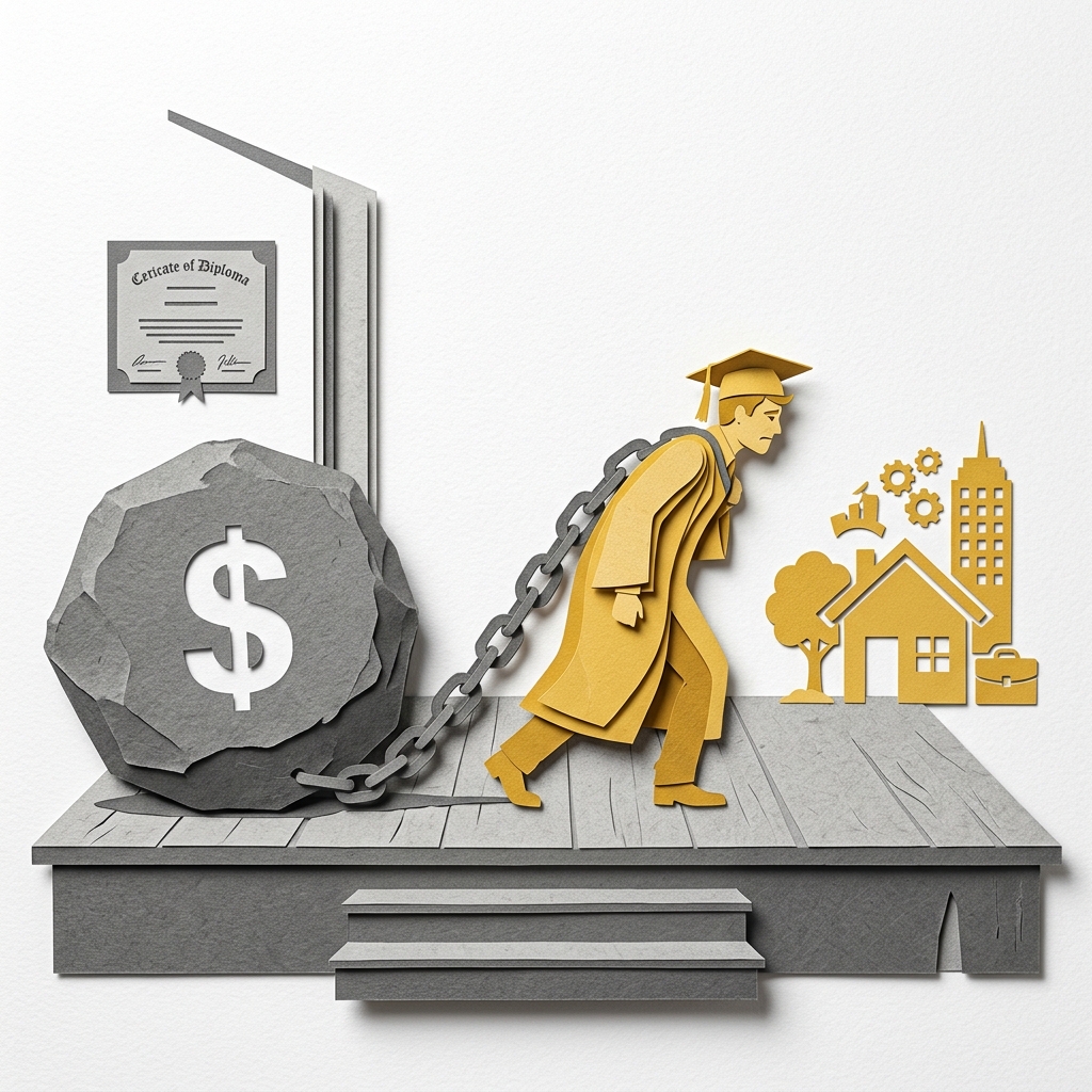 Layered papercut of a golden yellow graduate in cap and gown walking forward across a stage, pulled back by a heavy grey chain connected to an enormous grey boulder with a dollar sign, while ahead of the figure golden yellow symbols of opportunity including a house, a city skyline, and career symbols remain just out of reach, illustrating how student loan debt creates an economic drag on graduates that delays home purchase, family formation, and wealth accumulation particularly for the borrowers who took on the most debt for the least economically valuable credentials