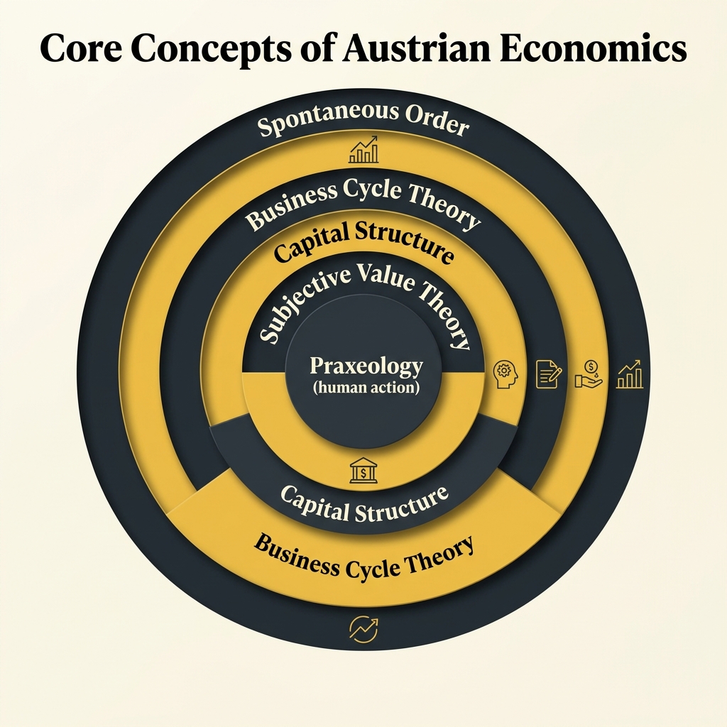 Concentric rings showing the core concepts of Austrian economics from Praxeology outward