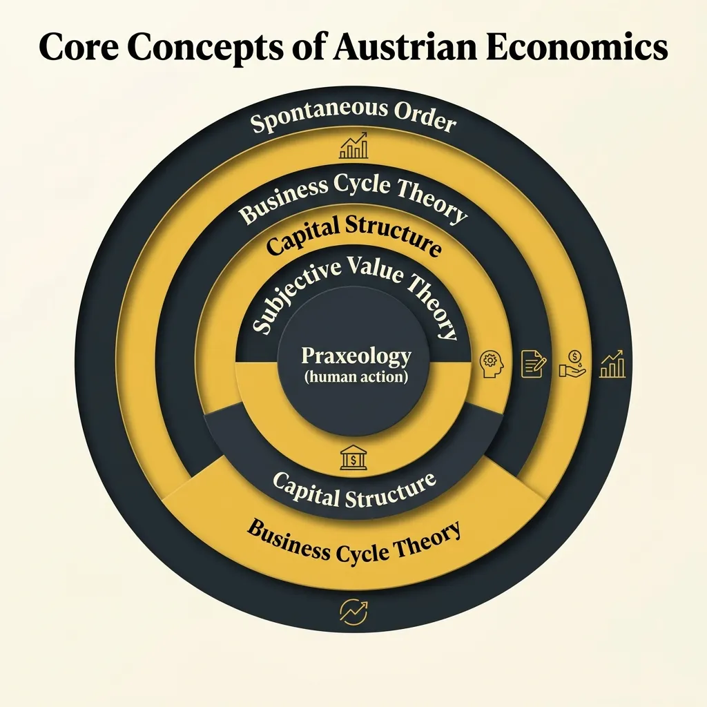 Concentric rings showing the core concepts of Austrian economics from Praxeology outward