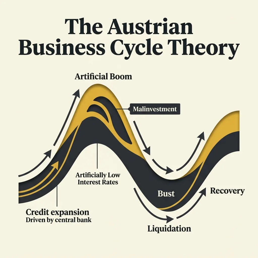 Wave diagram showing the Austrian Business Cycle: boom, malinvestment, bust, recovery