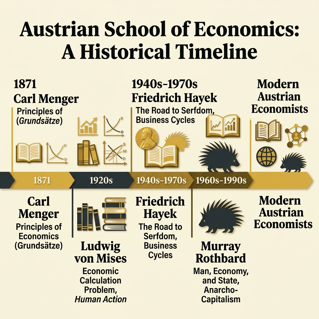 Timeline of the Austrian School from Carl Menger in 1871 through Mises, Hayek, and Rothbard