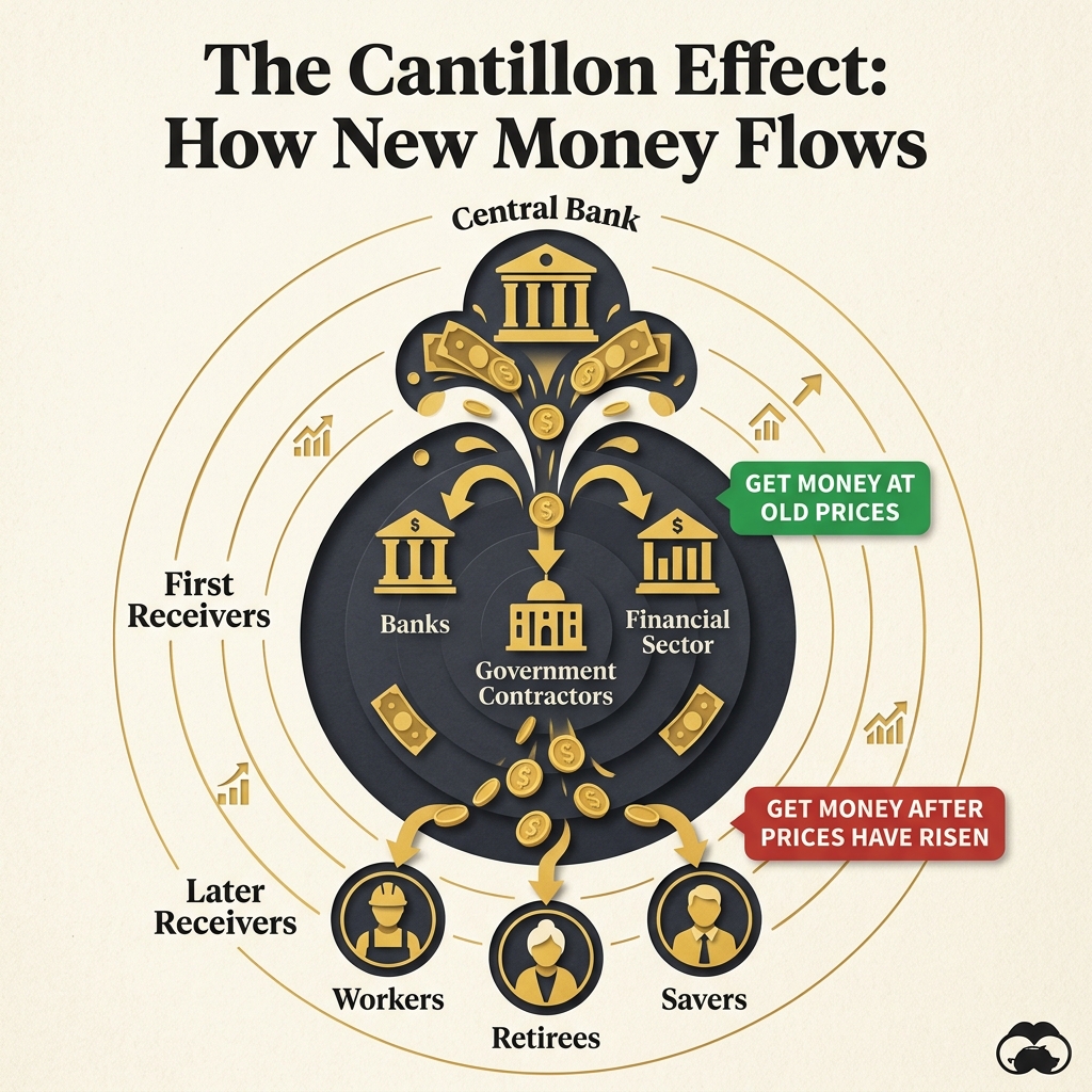 Diagram showing the flow of new money and the resulting Cantillon redistribution of wealth