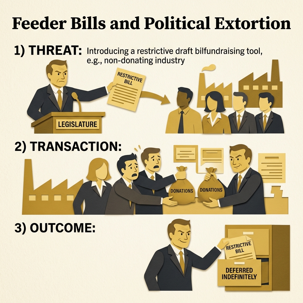 Sequence diagram showing how politicians use feeder bills to extort donations from target industries