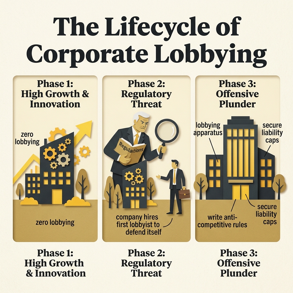 Three-panel diagram showing the lifecycle of corporate lobbying from growth to defense and offensive capture