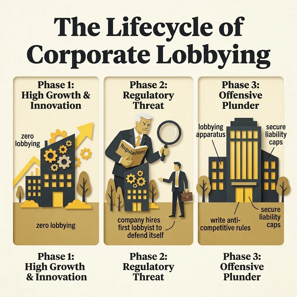 Three-panel diagram showing the lifecycle of corporate lobbying from growth to defense and offensive capture