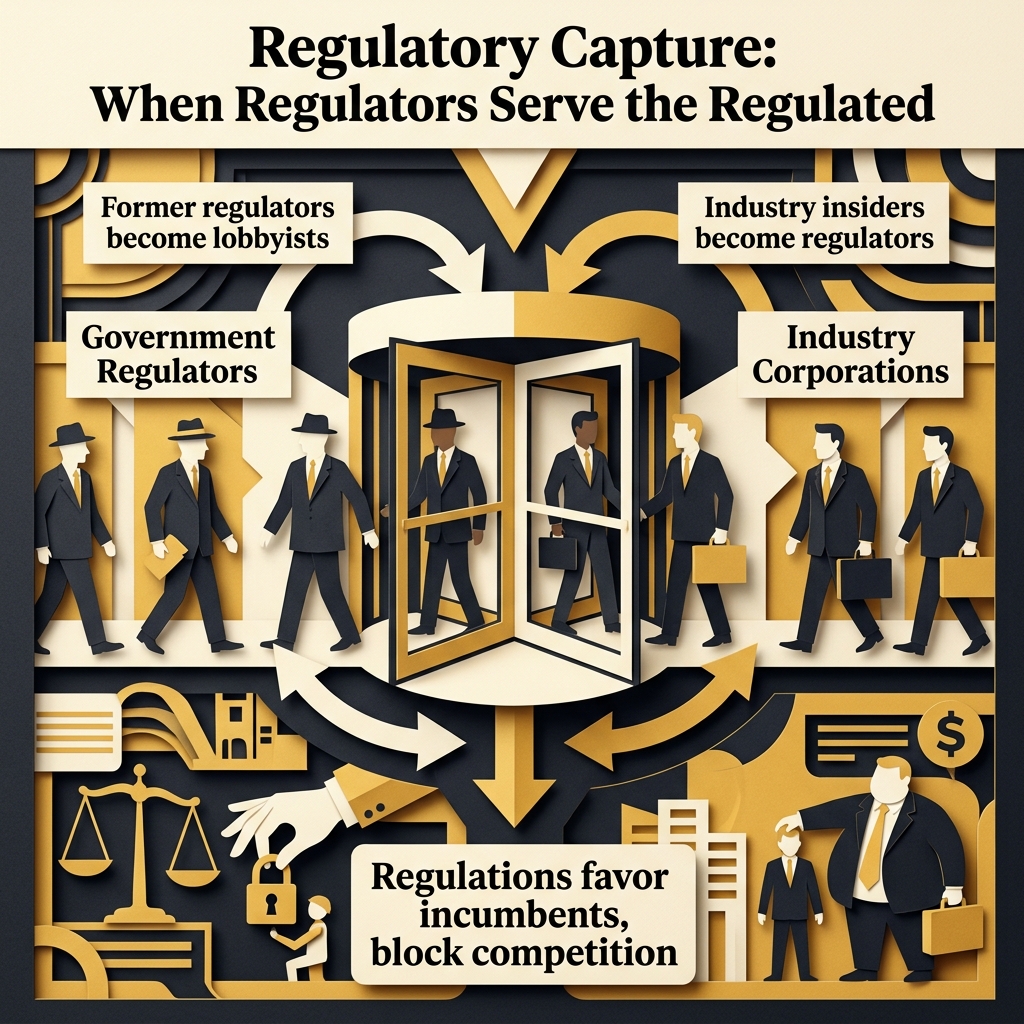 Circular diagram illustrating the revolving door between corporate boardrooms and regulatory agencies