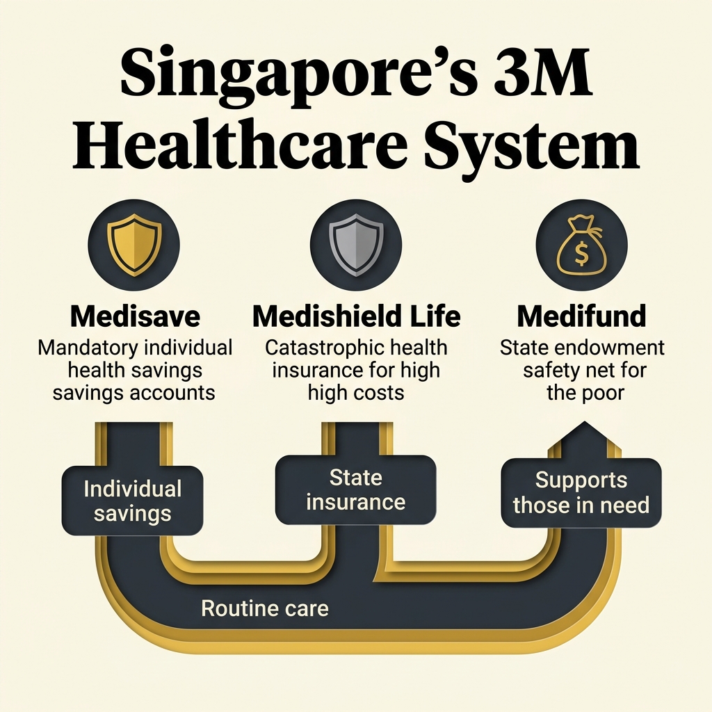 Diagram illustrating Singapore's 3M healthcare model: MediSave, MediShield, and MediFund