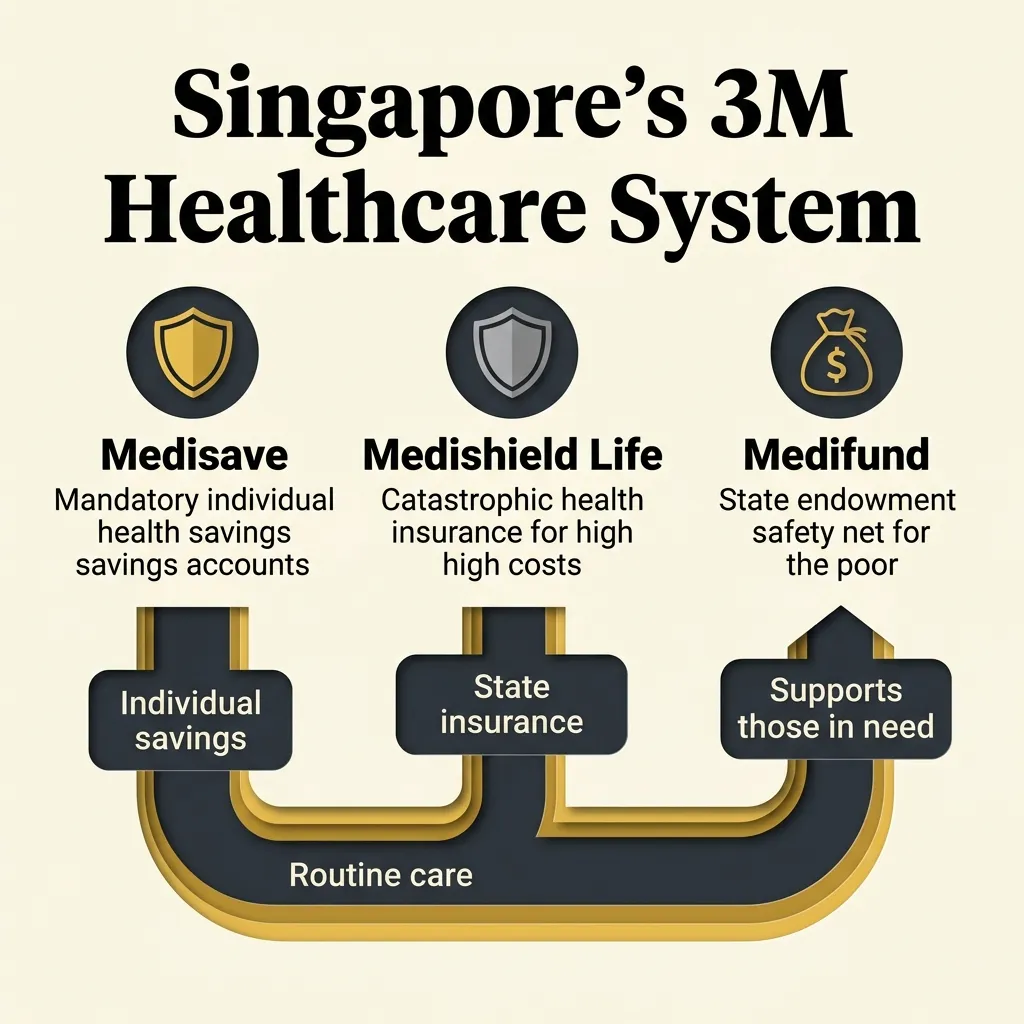 Diagram illustrating Singapore's 3M healthcare model: MediSave, MediShield, and MediFund